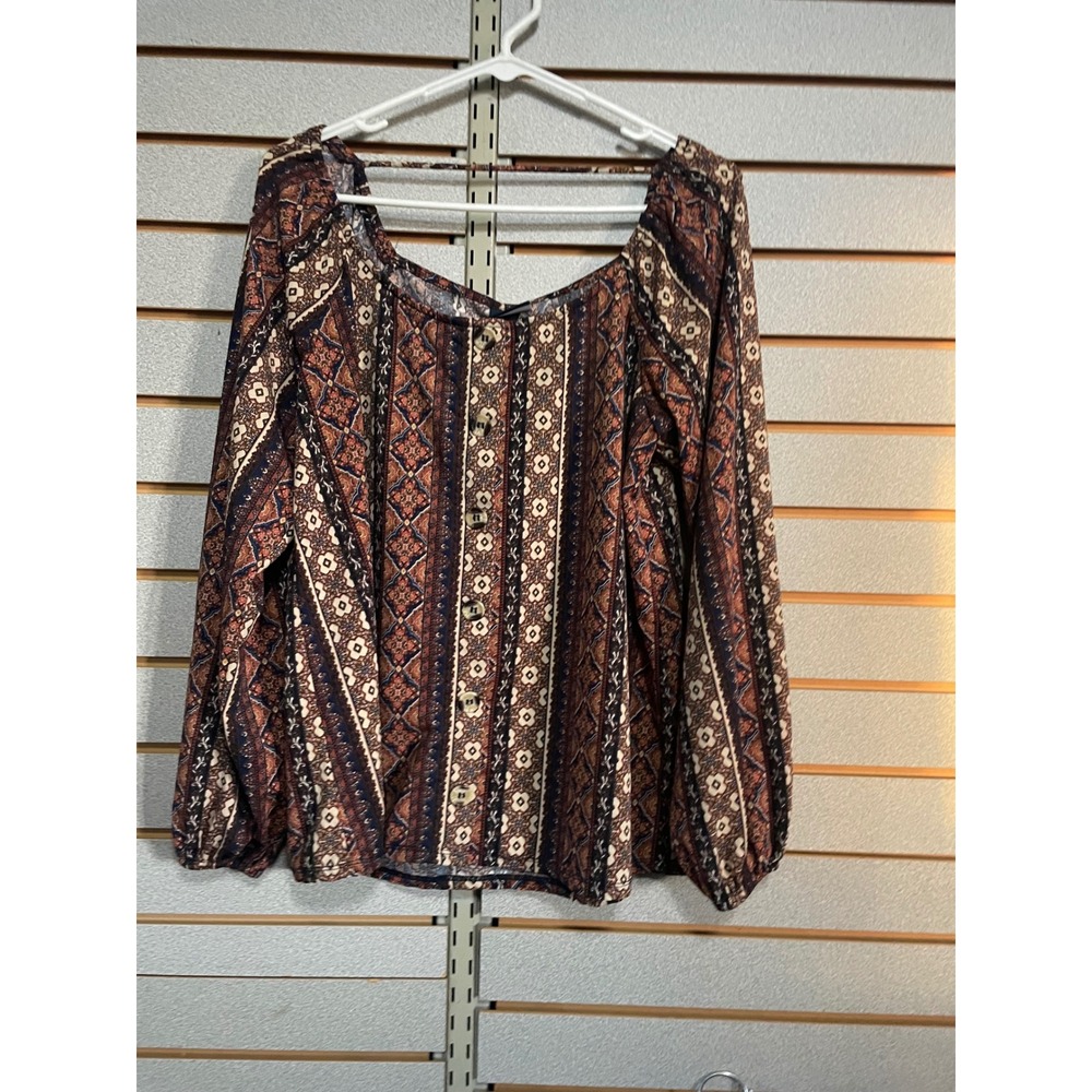 Daytrip Boho Print Square Neck Button Front Long Sleeve Blouse Top M